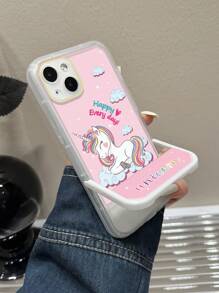 1 pieza Funda de teléfono con estampado de unicornio de dibujos animados en color rosa, con función de soporte, compatible con series de Apple y - Multicolor - Ver 3