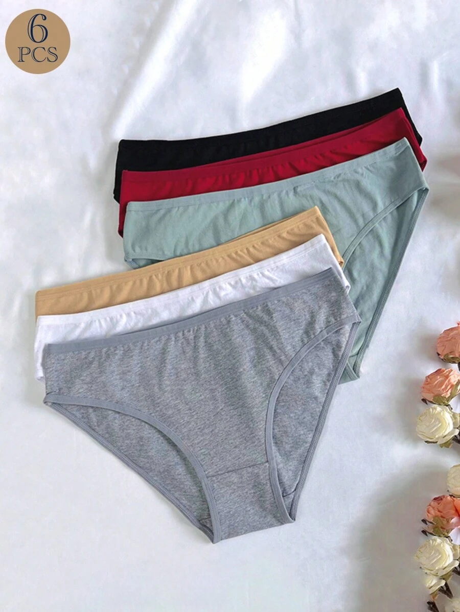 女性6入組簡單純色高彈性舒適透氣中腰臀位三角褲，親膚款式