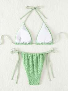 Women's Summer Beach Solid Color Textured Halter Neck Bikini Set With Separated Bikini Set - Green - View 2