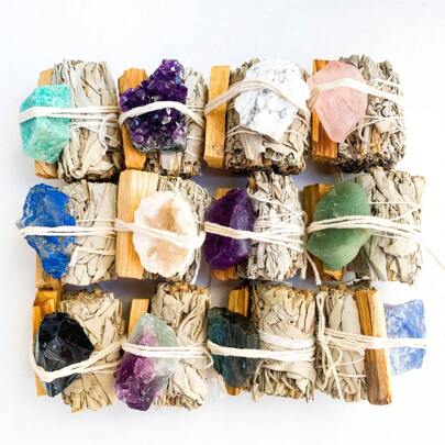 1 Set Natural Amethyst Crystal Stone & White Sage Grass & Palo Santo,Healing Crystals And Reiki Crystals, For Home Purification, Cleansing Set For Spiritual,Perfect Gift For Us And Your Friends, Home Decoration.