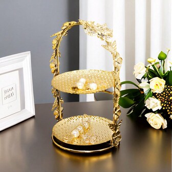 1pc Golden Metal Decorative Tray, Creative Double-Layer Flower Jewelry Tray, Suitable For Hotel Restaurant Living Room Desktop, Halloween Christmas Home Crafts Decoration