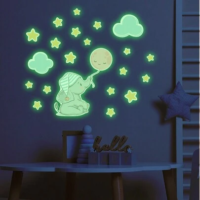 1/2 件星星大象熊图案夜光 DIY 贴纸，撕下即可粘贴儿童房装饰贴纸，适用于幼儿园、男孩和女孩卧室墙壁美化贴纸婴儿洗澡家庭装饰礼物