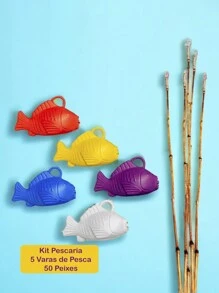 Kit Festa Junina São João Pescaria 50 Peixinhos + Varas de pesca - Multicolorido - Visão 1