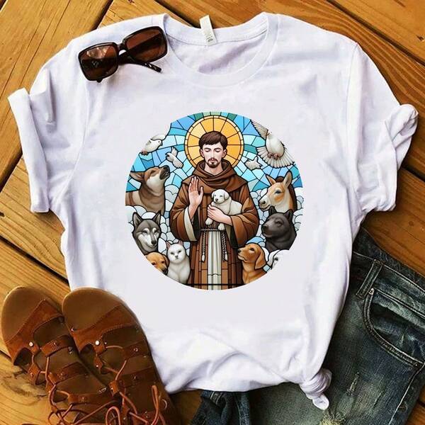 T-shirt blusa camiseta feminina estampa São Francisco de Assis Igreja Babylook  católica, evangelica, cristã gospel Deus Cristo Cruz , Coruja, mandala, Camera,Vaquinha , porco, Borboleta , Coração Cacto , Nordestina, Oncinha, cavalo caramelo  Gato, Cachorro, Girassol, Flores, Deus, Mães, Livros 166