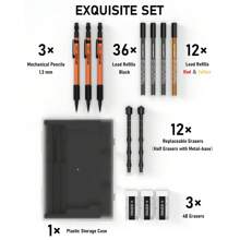 3-delige 1,3 mm vulpotlodenset met etui, metalen timmermanspotloden met 48 vullingen (rood, zwart, geel), gummen, weerbestendige behuizing voor markeren buitenshuis