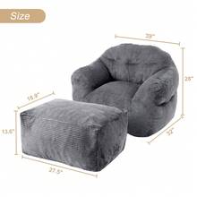 Bean Bag Chair With Ottoman,  Corduroy Velvet Armrests Accent Sofa Chair High-Density Foam Filled Sofa Chair Giant Lazy BeanBag Sofa With Pocket & Foot Stool For Living Room, Bedroom - 淺灰色 - 查看 2