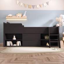 Wooden Single Storage Bed, Multifunctional Storage Bed With Drawers, Shelves And Ladder, Single Bed Frame 90 X 190 Cm, Mattress Not Included - Dark Grey - View 4