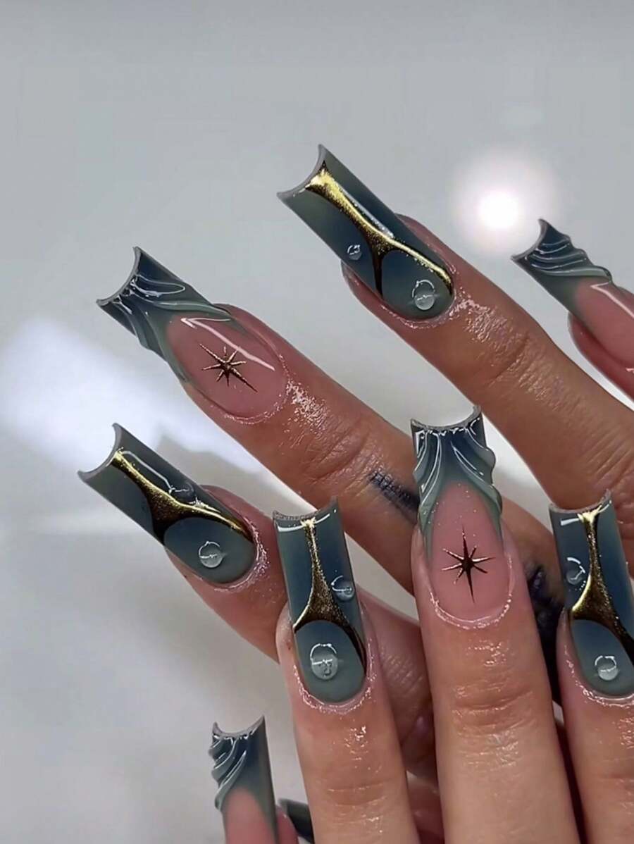 24 件中号方形粉色翡翠绿色光晕染色渐变闪亮金箔全覆盖假指甲，适合女士和女孩，可立即升级您的外观，果冻胶随机发货 - 藍色 - 查看 1