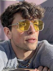 1 对男士设计师亮黄色方形金属框架时尚眼镜，具有美式风格和高级质感，适合日常佩戴、度假、旅行和时尚外观海滩配饰眼镜 - 黃色 - 查看 1