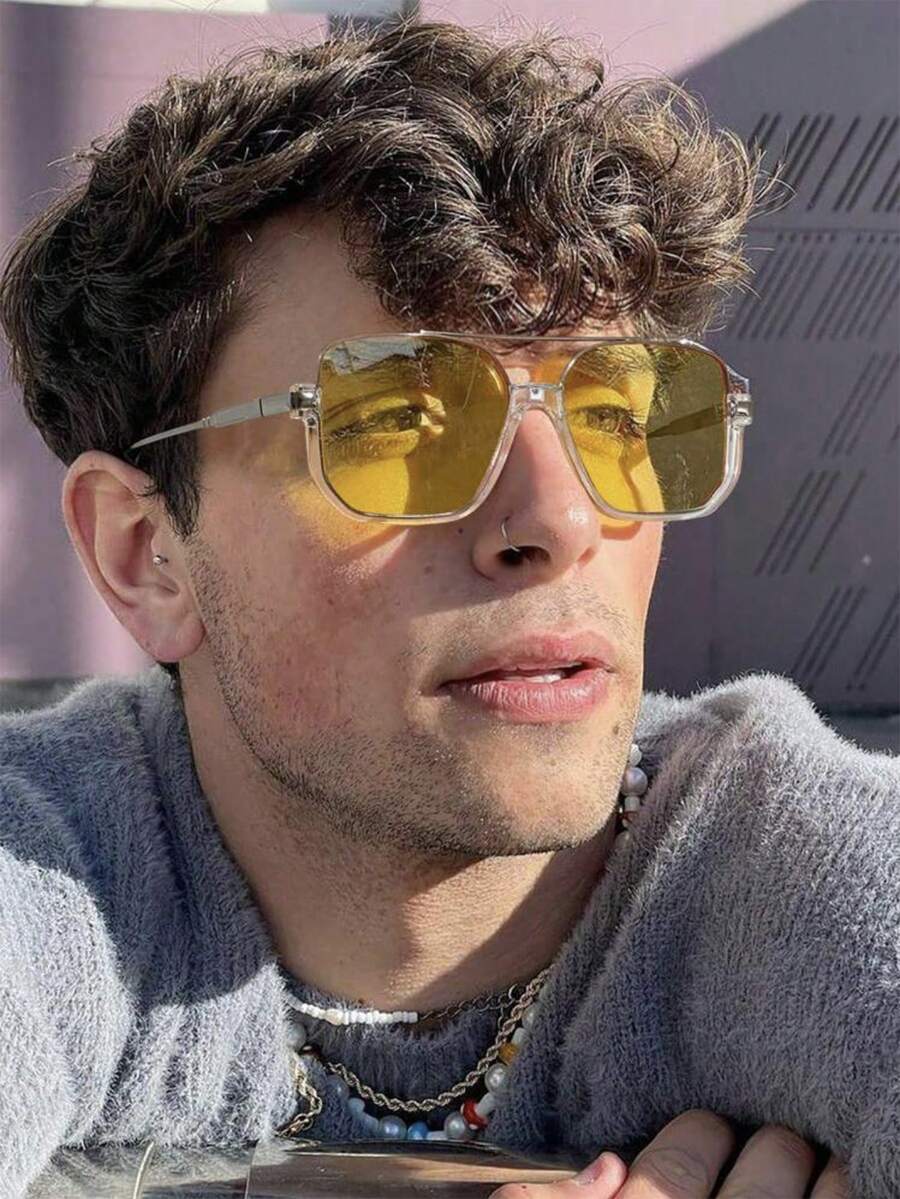 1 对男士设计师亮黄色方形金属框架时尚眼镜，具有美式风格和高级质感，适合日常佩戴、度假、旅行和时尚外观海滩配饰眼镜 - 黃色 - 查看 1