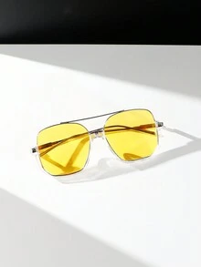 1 对男士设计师亮黄色方形金属框架时尚眼镜，具有美式风格和高级质感，适合日常佩戴、度假、旅行和时尚外观海滩配饰眼镜 - 黃色 - 查看 2