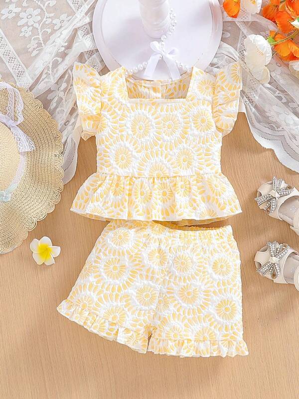 Ensemble de haut à manches volantées square neck et pantalon avec motif de fleurs pour bébé fille
