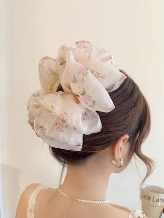 1个优雅花卉网纱蝴蝶结装饰发夹，复古大号发夹，马尾辫发圈，适合女性和女孩，发夹，发卡，发饰，秋冬女士度假装扮配饰，女士爪夹时尚发饰优雅发爪