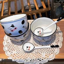 4pcs/Set Ceramic Cow Rice Bowls (2 Bowls And 2 Spoons), Cute And Easy-Cleaning Tableware For Home Use School Supplies,Back To School - Cow Bowl - View 4