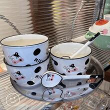 4pcs/Set Ceramic Cow Rice Bowls (2 Bowls And 2 Spoons), Cute And Easy-Cleaning Tableware For Home Use School Supplies,Back To School - Cow Bowl - View 1