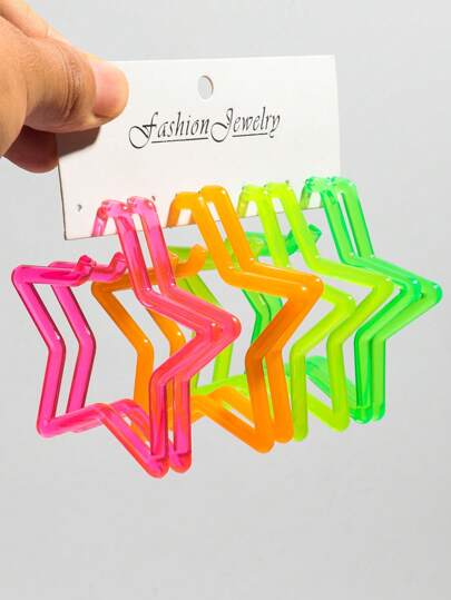 1set Of 4 Pairs Fluorescent Color Acrylic Oversized Geometric Shape Hoop Earrings Set, Suitable For Women's Daily Wear