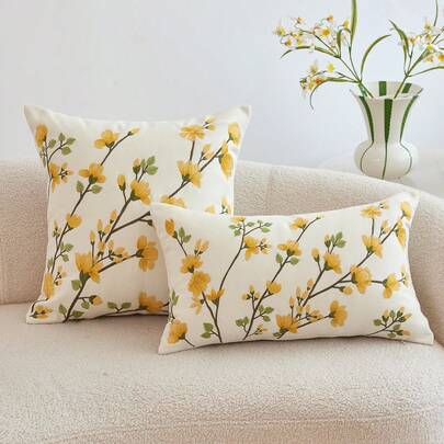 1入黃色小花刺繡枕套，適用於室內裝飾，全季節使用枕套