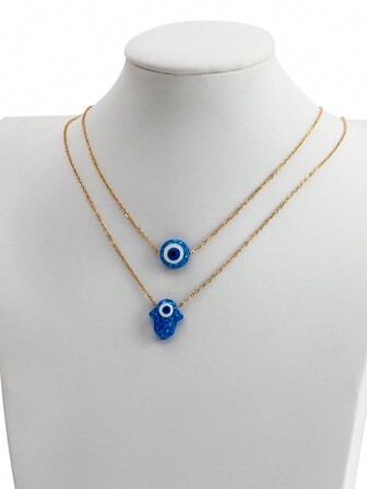 1pc Stainless Steel Chain Necklace With Eye-Shaped Hamsa Hand Pendant, Suitable For Daily Wear