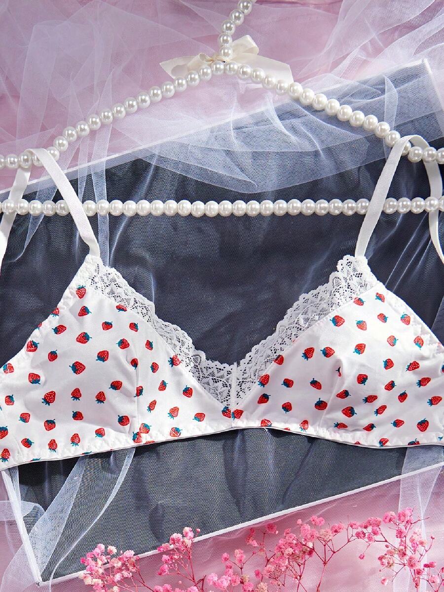 Women's Strawberry Print Lace Patchwork Fashion Bra - White - View 1