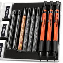 3-delige 1,3 mm vulpotlodenset met etui, metalen timmermanspotloden met 48 vullingen (rood, zwart, geel), gummen, weerbestendige behuizing voor markeren buitenshuis