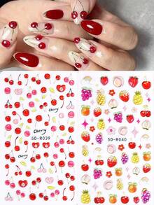 2 Hojas de Pegatinas de arte de uñas de verano con relieve 5D de frutas, Calcomanías de relieve de gelatina lindas de cereza, naranja y pera para decoración de manicura de dopamina - Multicolor - Ver 2