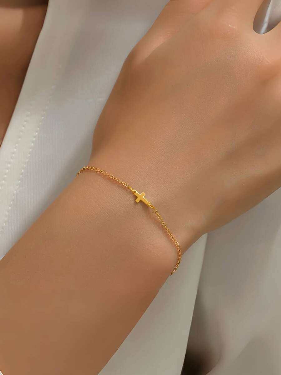 1 Pieza Pulsera De Cadena Delicada Con Colgante De Cruz Minimalista Color Dorado - Dorado - Ver 1