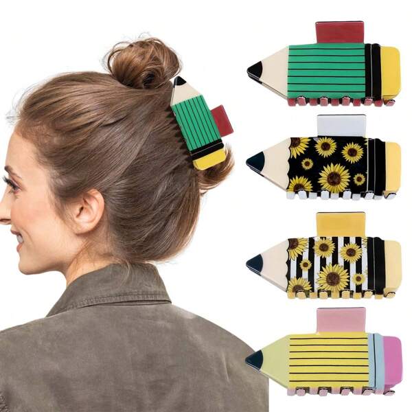 1 pieza Pinza de pelo con forma realista de lápiz, creativa, linda y divertida para moños desordenados, de tamaño grande para niñas y mujeres