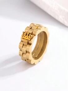1pc Simple Fashion Golden Crown Stainless Steel Ring - Yellow Gold - View 1