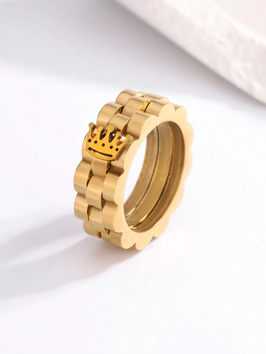 1pc Simple Fashion Golden Crown Stainless Steel Ring - Yellow Gold - View 1