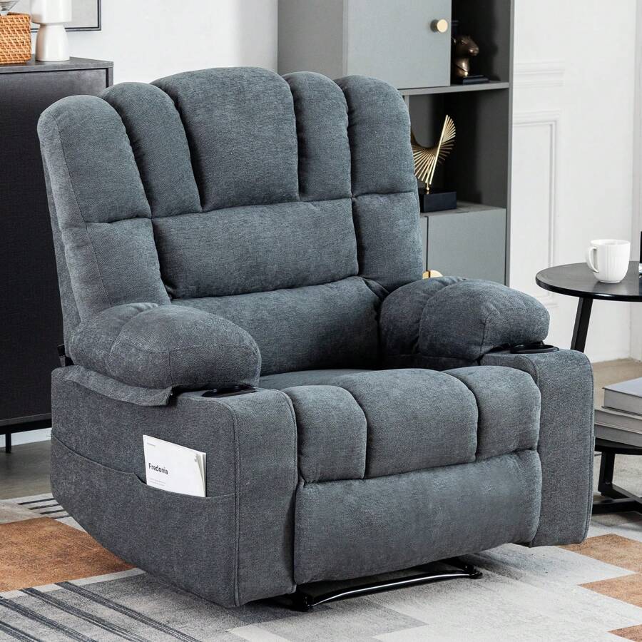 Pholstered Heated Massage Chair- Massage Rocker Recliner With Heat And Vibration, 360 Degree Swivel Antiskid Fabric Single Sofa With 2 Cup Holder, Heavy Duty Reclining Chair For Living Room, Bedroom, Home - 灰色 - 查看 1