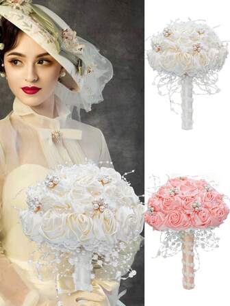 1 Pc Luxurious Wedding Bride Holding Flowers,Bead Simulation Flower Forging Cloth Holding Flower,Bride Getting Married Throwing Flower Balls Pearls Simulation Flowers Wedding Dress Photography Props,Wedding  Ceremony Rose Bride Holding Flowers