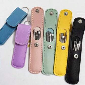 6pcs Ear Cleaning Tools Set With Spring Spiral Design, Stainless Steel Ear Spoon In Leather Case For Easy Home Use,School,Back To School,Travel,Travel Essentials,Home Essentials,Ear Cleaner