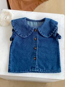 Summer New 0-3 Years Old Baby Girls Versatile Casual Sleeveless Set, Denim Peter Pan Collar Cap Sleeve Top + Pants Set, Size Runs Large And Loose, Most Babies Recommend Choosing One Size Smaller For Better Fit