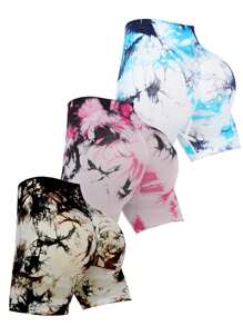 3 pezzi Pantaloncini per l'allenamento Tie-Dye per le donne, pantaloncini da biker aderenti per sollevamento del sedere a vita alta per yoga e palestra senza soluzione di continuità, attrezzatura sportiva da donna
