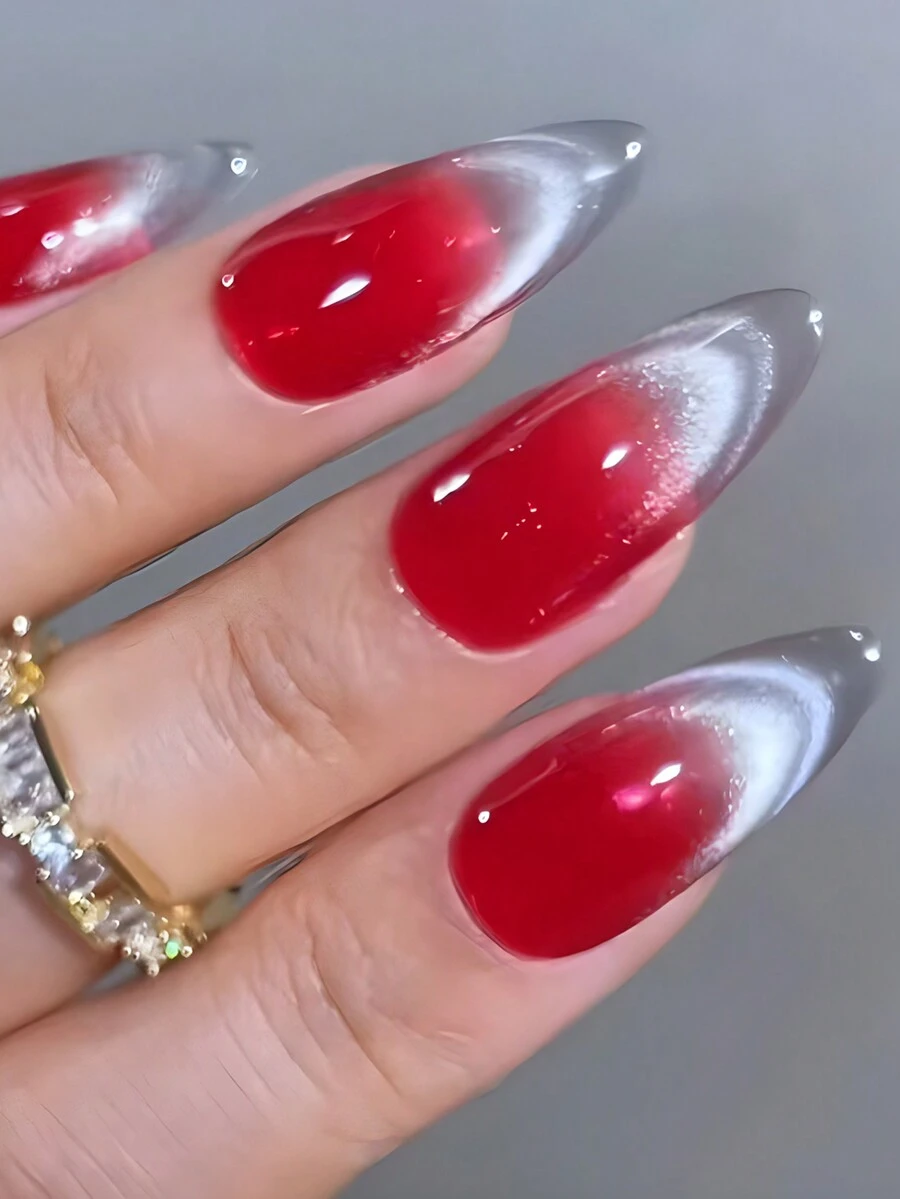 24pcs Charming French Cat Eye Style Nail Art Stickers, Red Gradient Nail Wraps, Medium Almond Shape False Nails - Red - View 1