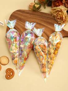 50 piezas Bolsas de celofán iridiscente para chucherías, bolsas de caramelos, bolsas de golosinas cuadradas y cono con lazos claros para regalos, bolsas de fiesta holográficas para favores de día de cumpleaños, bodas y eventos de fiesta - transparente - Ver 5