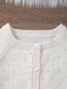Infant Girls Solid Color Soft Lightweight Hollow Pattern Button Long Sleeve Knitted Cardigan Jacket, Suitable For Outings - Beige - View 3
