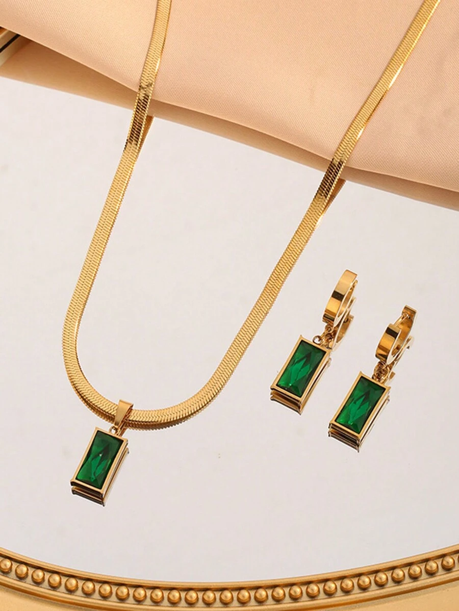 3pcs/Set Stainless Steel Vintage Style Emerald Green Jewellery Set With Unique Design, Suitable For Party, Date And Daily Wear - Earrings - View 1