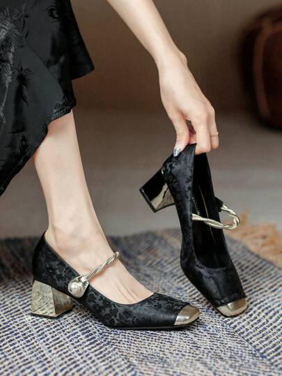 女士刺繡尖頭高跟鞋，粗跟/中跟泵鞋，多功能女鞋