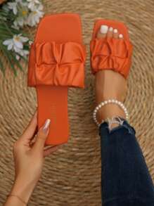 Women's Summer Flip Flops, Non-Slip Soft Sole Outdoor Casual Slippers, Stylish Square Toe Slides For Beach And Outdoors - Orange - View 2