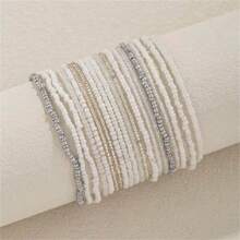 20入組波西米亞風格米珠彈性手鍊白色層疊女士手鍊套裝，夏日海灘配件