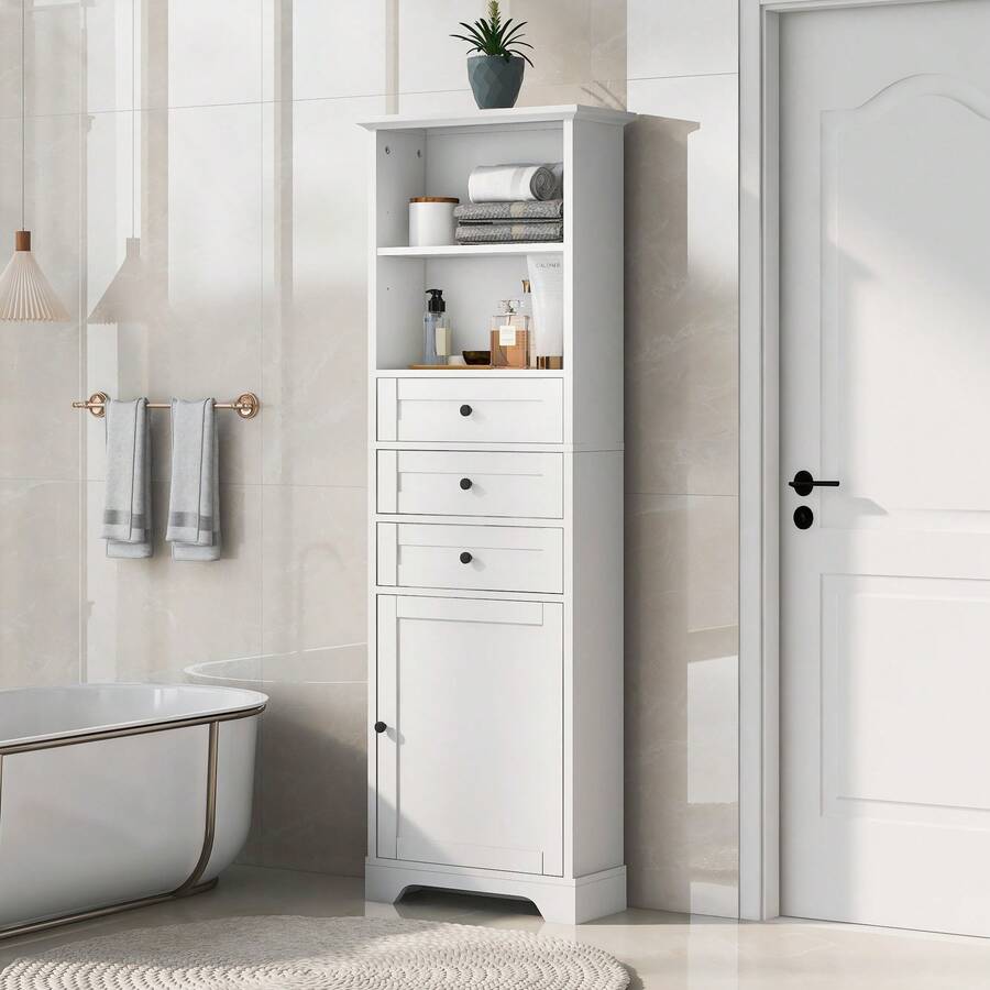 White Tall Storage Cabinet With 3 Drawers And Adjustable Shelves For Bathroom, Kitchen And Living Room, MDF Board With Painted Finish - White - View 1