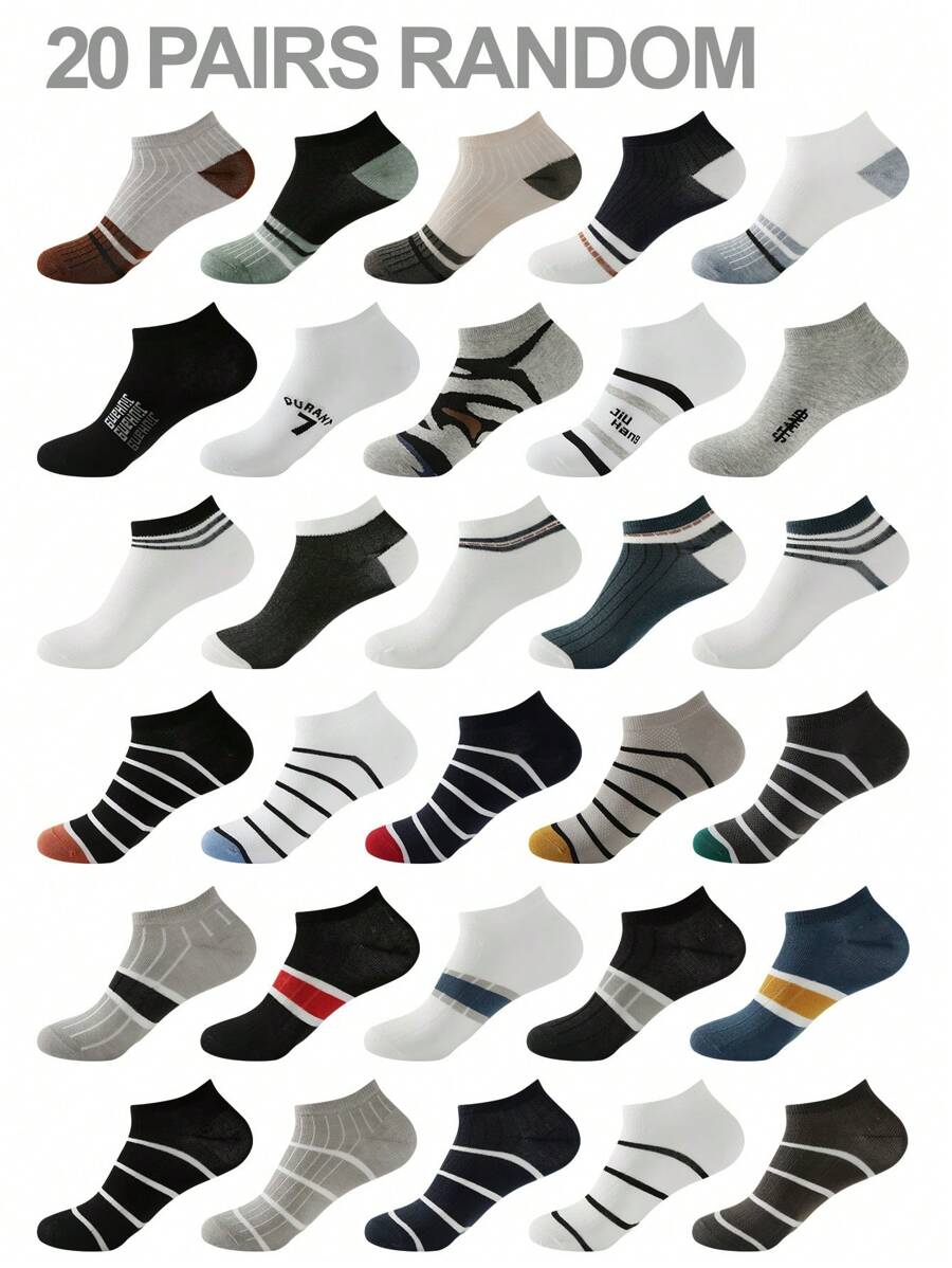 1/5/10/20 Đôi Tất Ngắn In Chữ Sọc Khối Màu Cho Nam, Tất Thể Thao Thường Ngày Thoáng Khí Chống Mùi Cho Học Sinh/Người Lớn, Giao Màu Ngẫu Nhiên - Nhiều màu - Xem 1