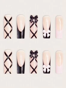 24 piezas de uñas postizas elegantes con lazo de dos colores, estilo bailarina francesa, de cobertura completa brillante y removible, adecuadas para mujeres y niñas, incluye 1 pieza de gel de gelatina y 1 lima de uñas, color aleatorio de gel de gelatina - Negro - Ver 3