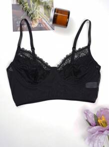 女士黑色蕾絲網紗薄型簡約透視性感文胸，可作為外穿內衣 - 黑色 - 查看 6