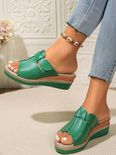 Ladies Elegant Thick Soled Sandals, Ankle Strap Comfortable Walking Shoes, Slope Heel Beach Shoes