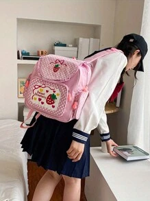 1pc Cute Embroidered Fruit Strawberry Lace Backpack, Student School Bag, Portable Travel BackpackSchool Bag,School Bookbag,Backpack For School,Large Capacity,Classic Casual,Lightweight, Suitable For Teen Girls Women College StudentsMiddle School, High School,Outdoors, Travel, Outings,Holiday,Elementary School, & Cute Strawberry Purse, Strawberry - Pink - View 2