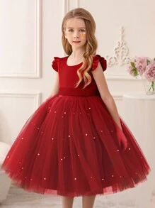 Váy công chúa dự tiệc lưới viền bèo nhún màu đỏ tía cho bé gái, thích hợp làm váy dự tiệc sinh nhật, quà tặng dạ hội, quà tặng Giáng sinh, thường ngày, biểu diễn nhạc cụ, biểu diễn sân khấu, lễ kỷ niệm ngày lễ - Màu Đỏ Sâu - Xem 3