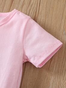 Conjunto casual de verano de 2 piezas para niñas jóvenes (de 1 a 6 años) con camiseta de manga corta linda con impresión de ojos grandes de gato y pantalones cortos con huellas de patas de gato - Rosa - Ver 4