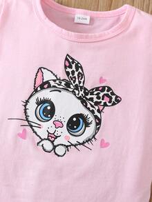 Conjunto casual de verano de 2 piezas para niñas jóvenes (de 1 a 6 años) con camiseta de manga corta linda con impresión de ojos grandes de gato y pantalones cortos con huellas de patas de gato - Rosa - Ver 3